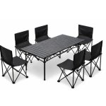Розкладний туристичний стіл 95×55 см з 6 стільцями, алюмінієвий набір для пікніка та кемпінгу, чорний